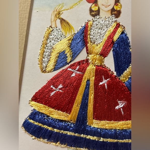 Vintage Greek dance inspired silk embroidered wood framed postcards by Isabel - Picture 8 of 12